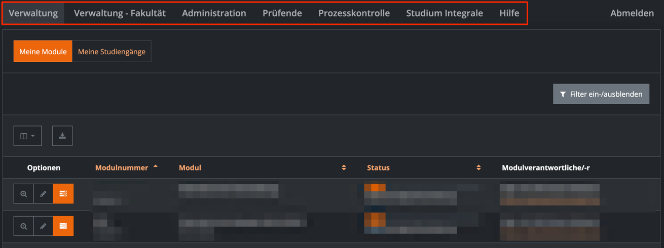 Menüleiste im Modulux Backend