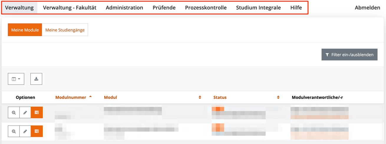 Menüleiste im Modulux Backend